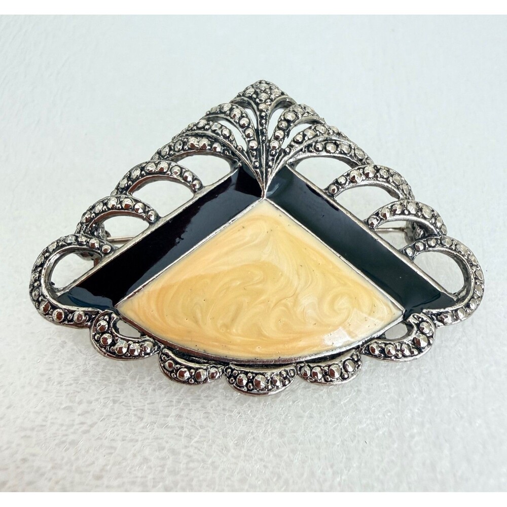 Vintage 1980s Art Deco Style Enamel Faux Marcasite Fan Brooch Pin Black Cream Si